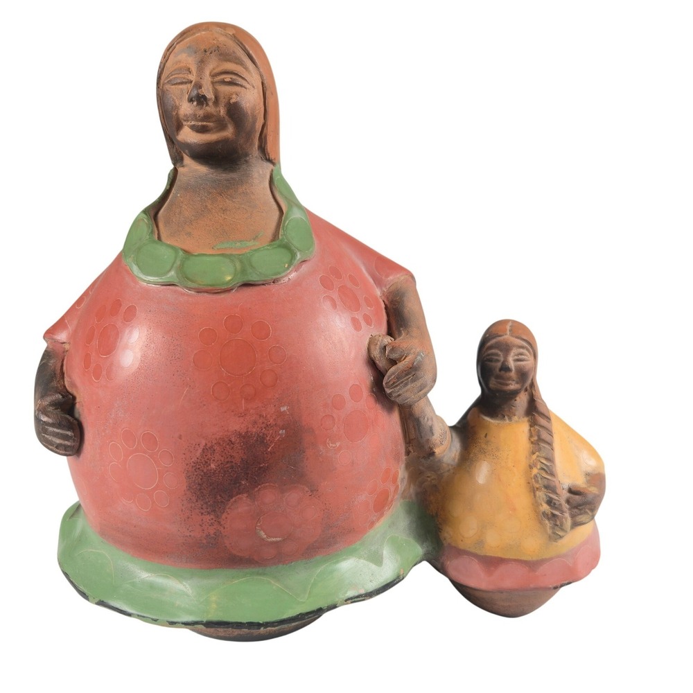 Chulucanas Peru Pottery Mother Daughter Ceramic Folk Art Figurine Hand Painted